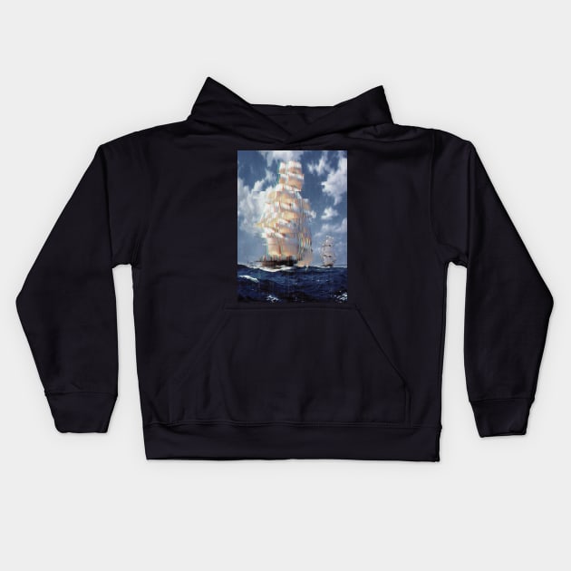 Glitch Art sailing ships on the high seas Kids Hoodie by Quentin1984